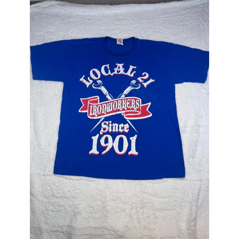 Local 21 Ironworkers Graphic T Shirt Blue Bayside Made in USA Size Large